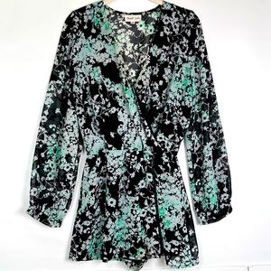 Emerald Sundae Romper Size S Black Floral Surplice Long Sleeve Lined Sheer